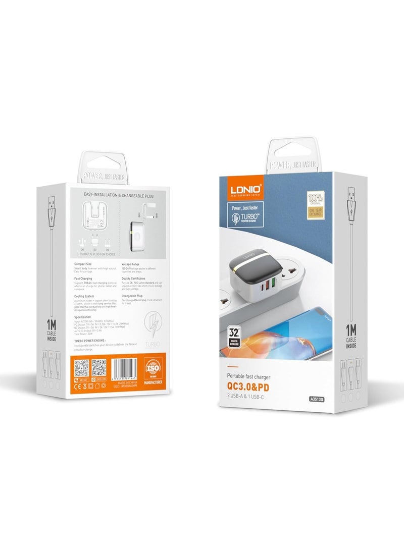 LDNIO - LDNIO A3513Q Super Fast Wall Charger With Dual USB / Type C Ports And Lightning Cable 32W - White - Image 1