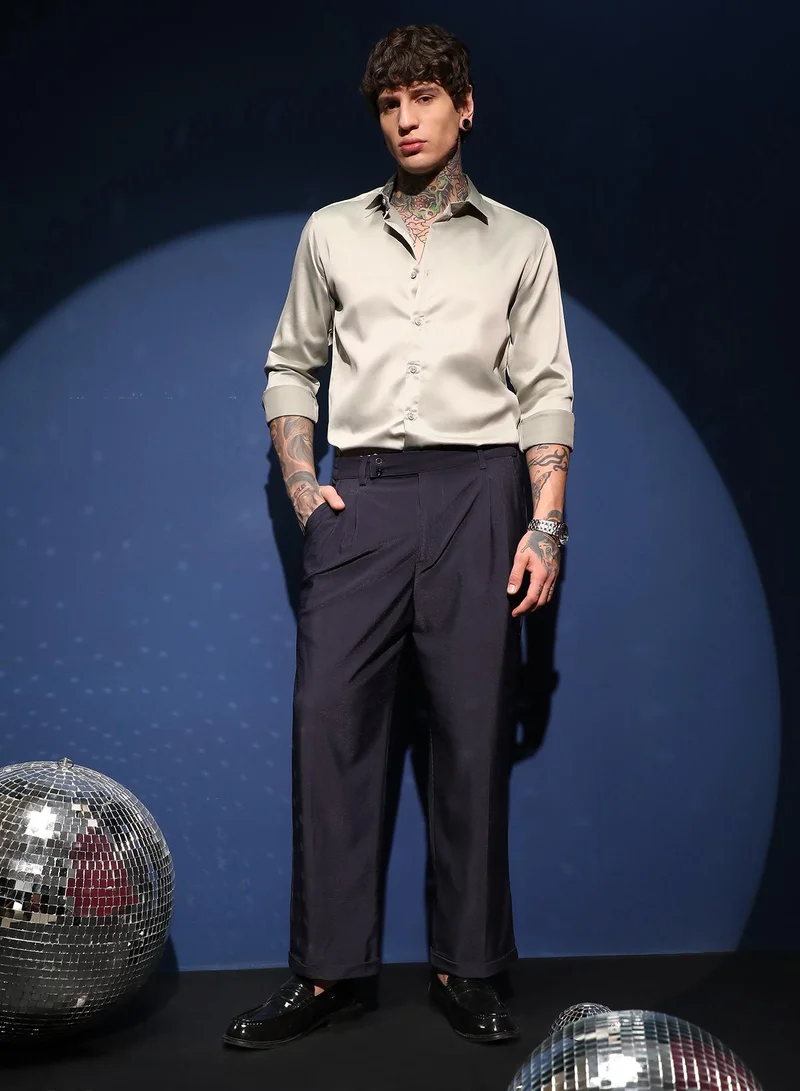 Campus Sutra Men's Navy Blue Pleated Cuffed Trousers For Casual Wear | Mid-Rise | Relaxed Fit | Button Closure | Trousers Crafted With Comfort Fit For Everyday Wear
