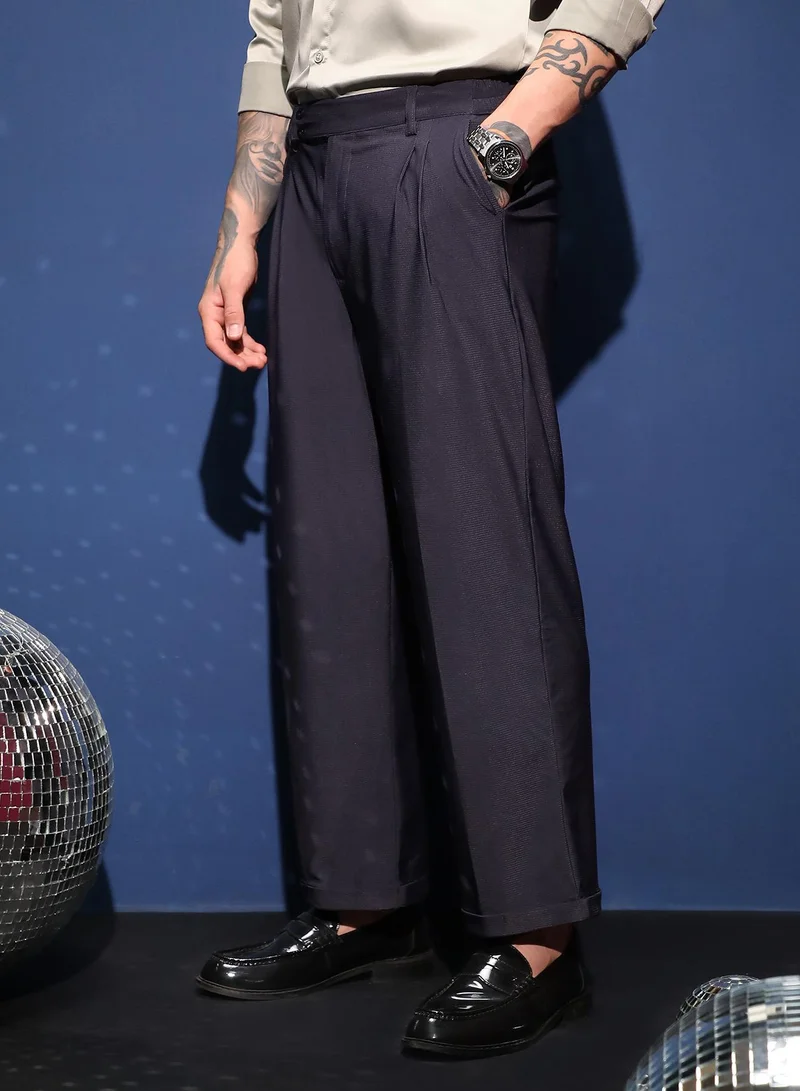 Campus Sutra Men's Navy Blue Pleated Cuffed Trousers For Casual Wear | Mid-Rise | Relaxed Fit | Button Closure | Trousers Crafted With Comfort Fit For Everyday Wear