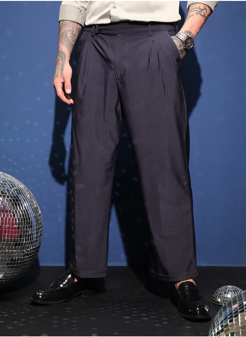 كامبوس سوترا Men's Navy Blue Pleated Cuffed Trousers For Casual Wear | Mid-Rise | Relaxed Fit | Button Closure | Trousers Crafted With Comfort Fit For Everyday Wear