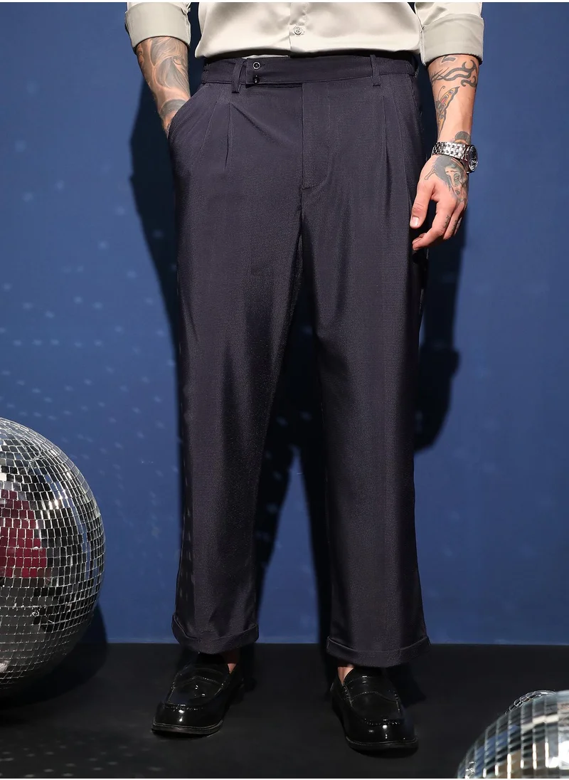 كامبوس سوترا Men's Navy Blue Pleated Cuffed Trousers For Casual Wear | Mid-Rise | Relaxed Fit | Button Closure | Trousers Crafted With Comfort Fit For Everyday Wear