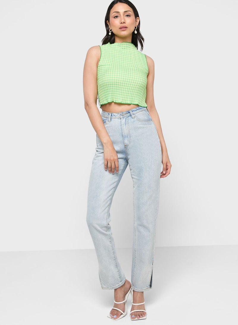 WHISTLES Gingham Knitted Plisse Top  - Image 4