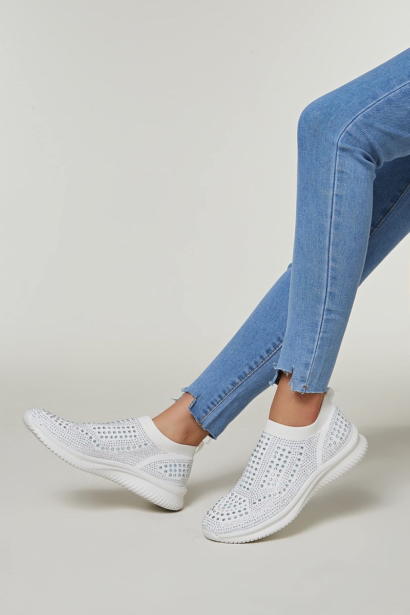 BELOS Women's Rhinestone Slip On Walking Shoes Breathable Mesh Knit Sock Shoes Fashion Comfortable Sparkly Sneaker (White,6) - Image 2