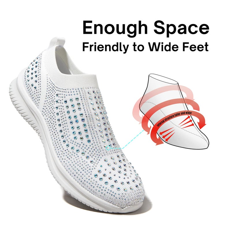 BELOS Women's Rhinestone Slip On Walking Shoes Breathable Mesh Knit Sock Shoes Fashion Comfortable Sparkly Sneaker (White,6) - Image 5