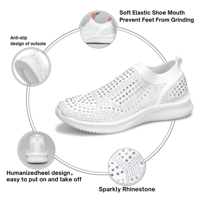 BELOS Women's Rhinestone Slip On Walking Shoes Breathable Mesh Knit Sock Shoes Fashion Comfortable Sparkly Sneaker (White,6) - Image 4