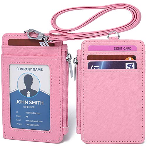 Leamekor ID Badge Holder with Neck Lanyard PU Leather ID Badge Wallet Case with 1 ID Window, 4 Card Slots, 1 Side Zipper Pocket (Pink) - Image 1
