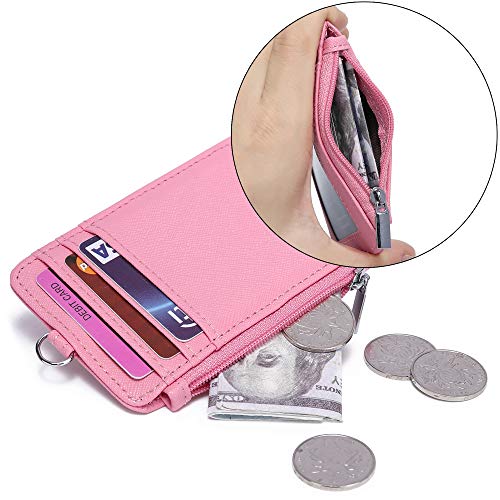 Leamekor ID Badge Holder with Neck Lanyard PU Leather ID Badge Wallet Case with 1 ID Window, 4 Card Slots, 1 Side Zipper Pocket (Pink) - Image 4