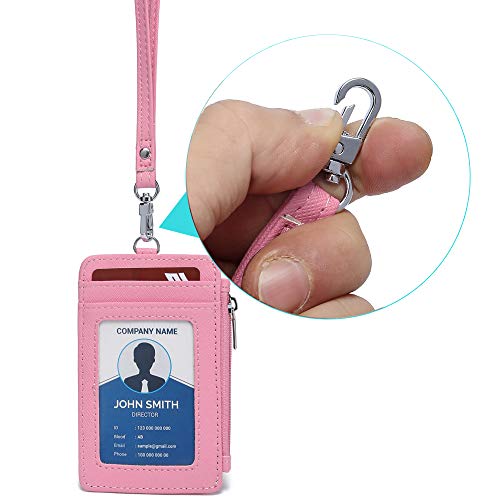 Leamekor ID Badge Holder with Neck Lanyard PU Leather ID Badge Wallet Case with 1 ID Window, 4 Card Slots, 1 Side Zipper Pocket (Pink) - Image 5