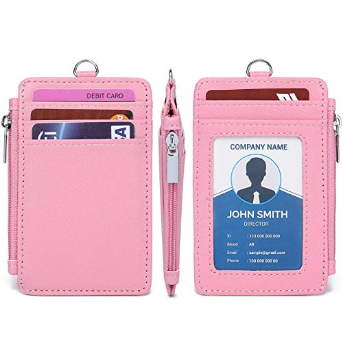 Leamekor ID Badge Holder with Neck Lanyard PU Leather ID Badge Wallet Case with 1 ID Window, 4 Card Slots, 1 Side Zipper Pocket (Pink) - Image 3