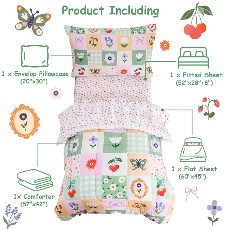 Mooreeke 4 Pieces Toddler Bedding Set - Green Floral Butterfly Toddler Comforter Sets for Girls, Includes Comforter, Flat Sheet, Fitted Sheet and Pillowcase, Bed in A Bag for Baby Bedroom - Image 3