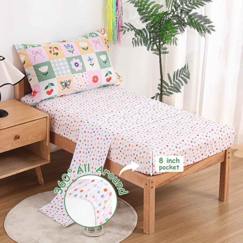Mooreeke 4 Pieces Toddler Bedding Set - Green Floral Butterfly Toddler Comforter Sets for Girls, Includes Comforter, Flat Sheet, Fitted Sheet and Pillowcase, Bed in A Bag for Baby Bedroom - Image 4