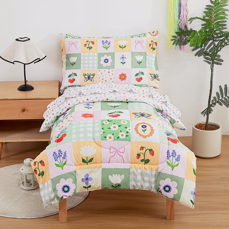 Mooreeke 4 Pieces Toddler Bedding Set - Green Floral Butterfly Toddler Comforter Sets for Girls, Includes Comforter, Flat Sheet, Fitted Sheet and Pillowcase, Bed in A Bag for Baby Bedroom - Image 1