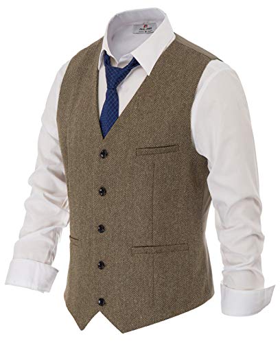 PJ PAUL JONES Mens Suit Vest Slim Fit Herringbone Tweed Vest Button Down Waistcoat - Image 1