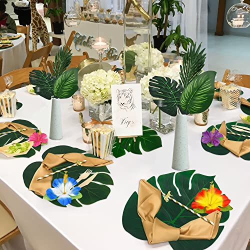 Moon Boat 120PCS Tropical Palm Leaves Plants Hibiscus Artificial-105Pcs 7 Kinds Green Fake Leaf+15pcs Flowers, Hawaiian/Luau/Safari Jungle Party Table Decorations - Image 3
