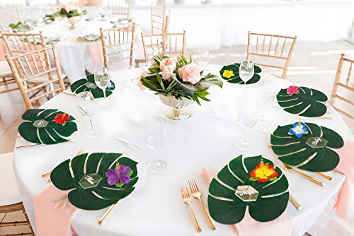 Moon Boat 120PCS Tropical Palm Leaves Plants Hibiscus Artificial-105Pcs 7 Kinds Green Fake Leaf+15pcs Flowers, Hawaiian/Luau/Safari Jungle Party Table Decorations - Image 2