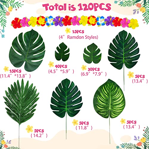 Moon Boat 120PCS Tropical Palm Leaves Plants Hibiscus Artificial-105Pcs 7 Kinds Green Fake Leaf+15pcs Flowers, Hawaiian/Luau/Safari Jungle Party Table Decorations - Image 4