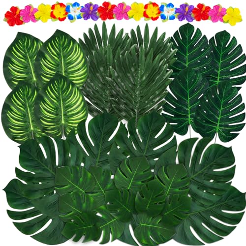 Moon Boat 120PCS Tropical Palm Leaves Plants Hibiscus Artificial-105Pcs 7 Kinds Green Fake Leaf+15pcs Flowers, Hawaiian/Luau/Safari Jungle Party Table Decorations - Image 1