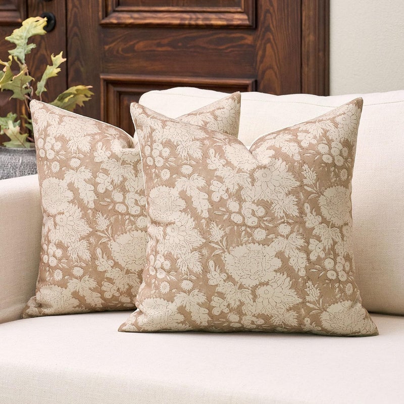 DOMVITUS Floral Pillow Covers 20x20 Set of 2, Vintage Block Print Pillow Covers Neutral Decorative Farmhouse Throw Pillow Covers for Bed Couch Living Room Light Camel - Image 1