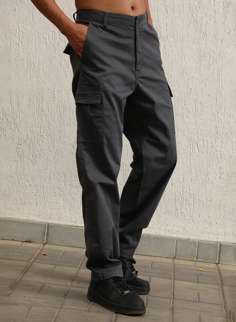 Hubberholme  Men's Charcoal Cotton Blend Solid Pattern Full Length Cargo Relaxed Trouser for Men | Best Price UAE