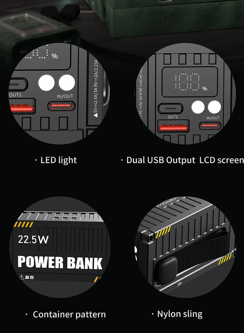 وبو 22.5 واط شحن سريع حاوية صغيرة محمولة قوة البنك 10000 مللي أمبير شاشة رقمية مزدوجة ضوء LED مع حبال النايلون - أسود - Image 2