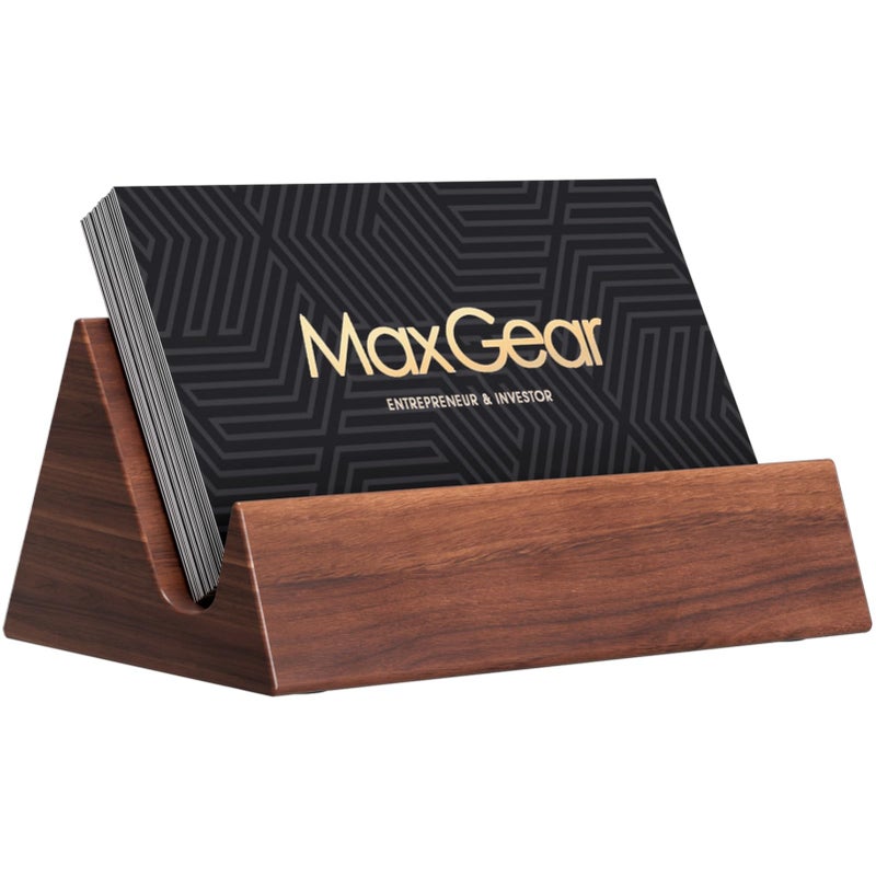 MaxGear Walnut Wood Desk Business Card Holder, Elegant Wooden Display Stand for Office and Home, Stylish Mountain Design Desktop Organizer for Business Cards - Image 1