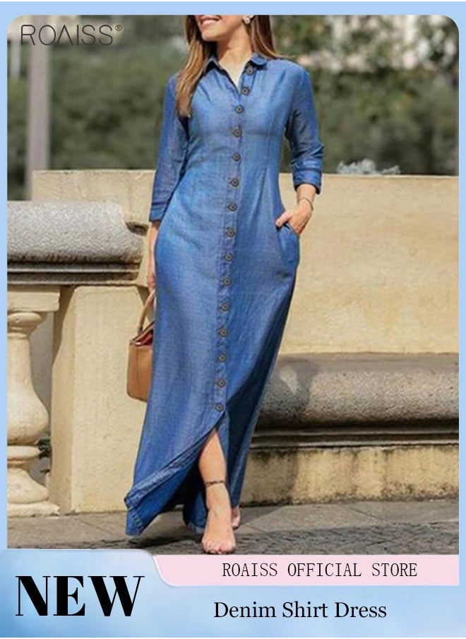 roaiss - Women's Casual Shirt Dress Loose Fit Button Closure Dress With Pockets On Both Sides Lightweight Long Dress - Image 1