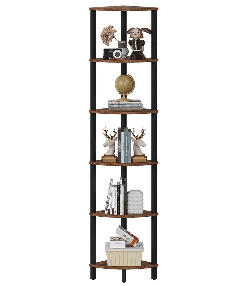 VIMBER Corner Shelf, 6-Tier Corner Bookshelf, Industrial Corner Ladder Shelf, DIY Storage Shelves, Rustic Display Shelf for Living Room, Bedroom, Kitchen, Home Office, Rustic Brown and Black UJSJ004F - Image 1