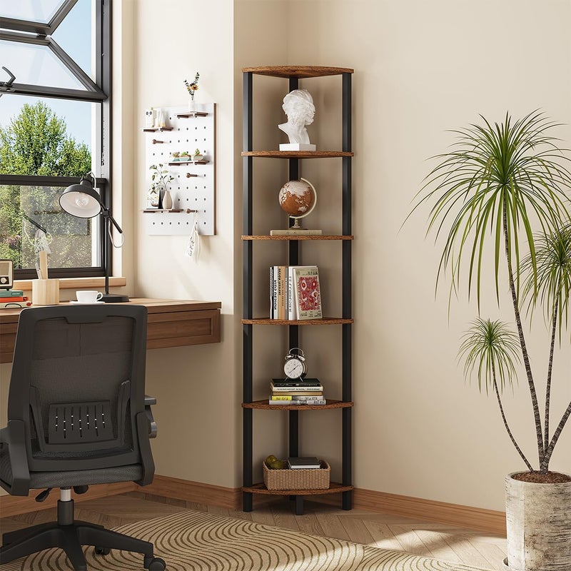 VIMBER Corner Shelf, 6-Tier Corner Bookshelf, Industrial Corner Ladder Shelf, DIY Storage Shelves, Rustic Display Shelf for Living Room, Bedroom, Kitchen, Home Office, Rustic Brown and Black UJSJ004F - Image 3