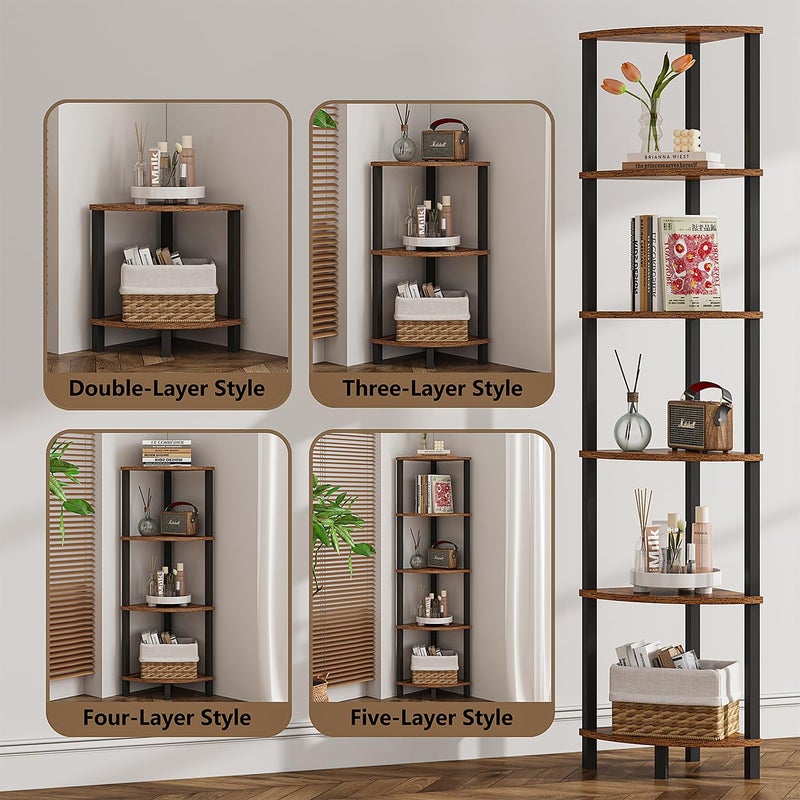VIMBER Corner Shelf, 6-Tier Corner Bookshelf, Industrial Corner Ladder Shelf, DIY Storage Shelves, Rustic Display Shelf for Living Room, Bedroom, Kitchen, Home Office, Rustic Brown and Black UJSJ004F - Image 2