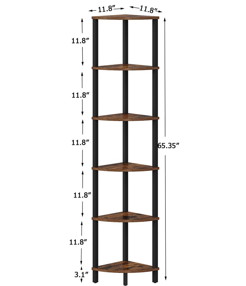 VIMBER Corner Shelf, 6-Tier Corner Bookshelf, Industrial Corner Ladder Shelf, DIY Storage Shelves, Rustic Display Shelf for Living Room, Bedroom, Kitchen, Home Office, Rustic Brown and Black UJSJ004F - Image 4