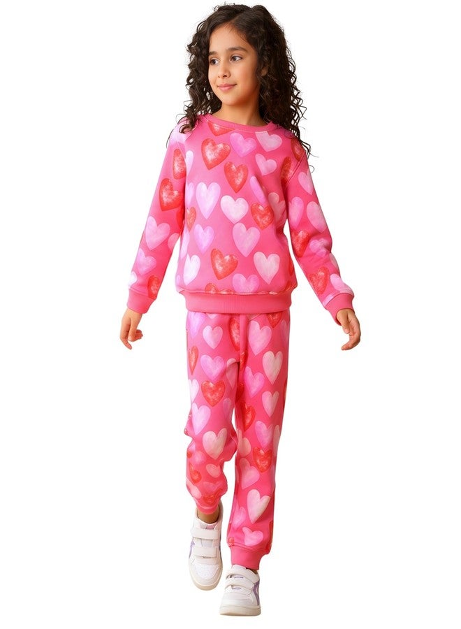 ANTHRILO Heart Pink Fleece Girls Sweatshirt Jogger Set - Pink | 9-10 Years - Image 1