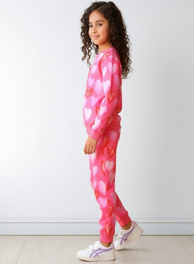 ANTHRILO Heart Pink Fleece Girls Sweatshirt Jogger Set - Pink | 9-10 Years - Image 3