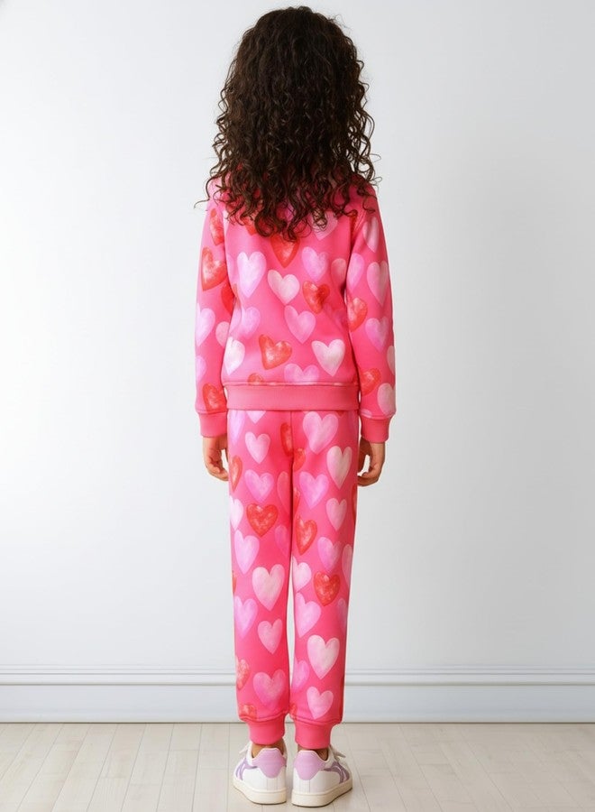 ANTHRILO Heart Pink Fleece Girls Sweatshirt Jogger Set - Pink | 9-10 Years - Image 4