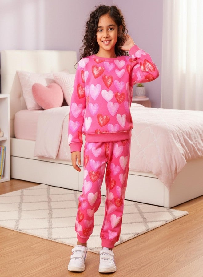 ANTHRILO Heart Pink Fleece Girls Sweatshirt Jogger Set - Pink | 9-10 Years - Image 2