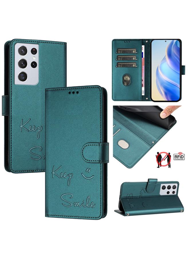 Zaboon For Samsung Galaxy S21 Ultra 5G Smile Embossing RFID Leather Phone Case(Peacock Green)