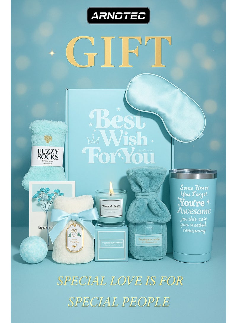 ARNOTEC طقم هدايا للنساء، سلة هدايا سبا مكونة من 10 قطع مع كوب، قنبلة استحمام، شمعة، جورب، قناع عين، صابون، منشفة وبطاقة تهنئة، صندوق هدايا للاسترخاء والعناية الذاتية لعيد الميلاد، الذكرى السنوية، الزوجة، الأم، أفضل صديق (أزرق) - Image 1