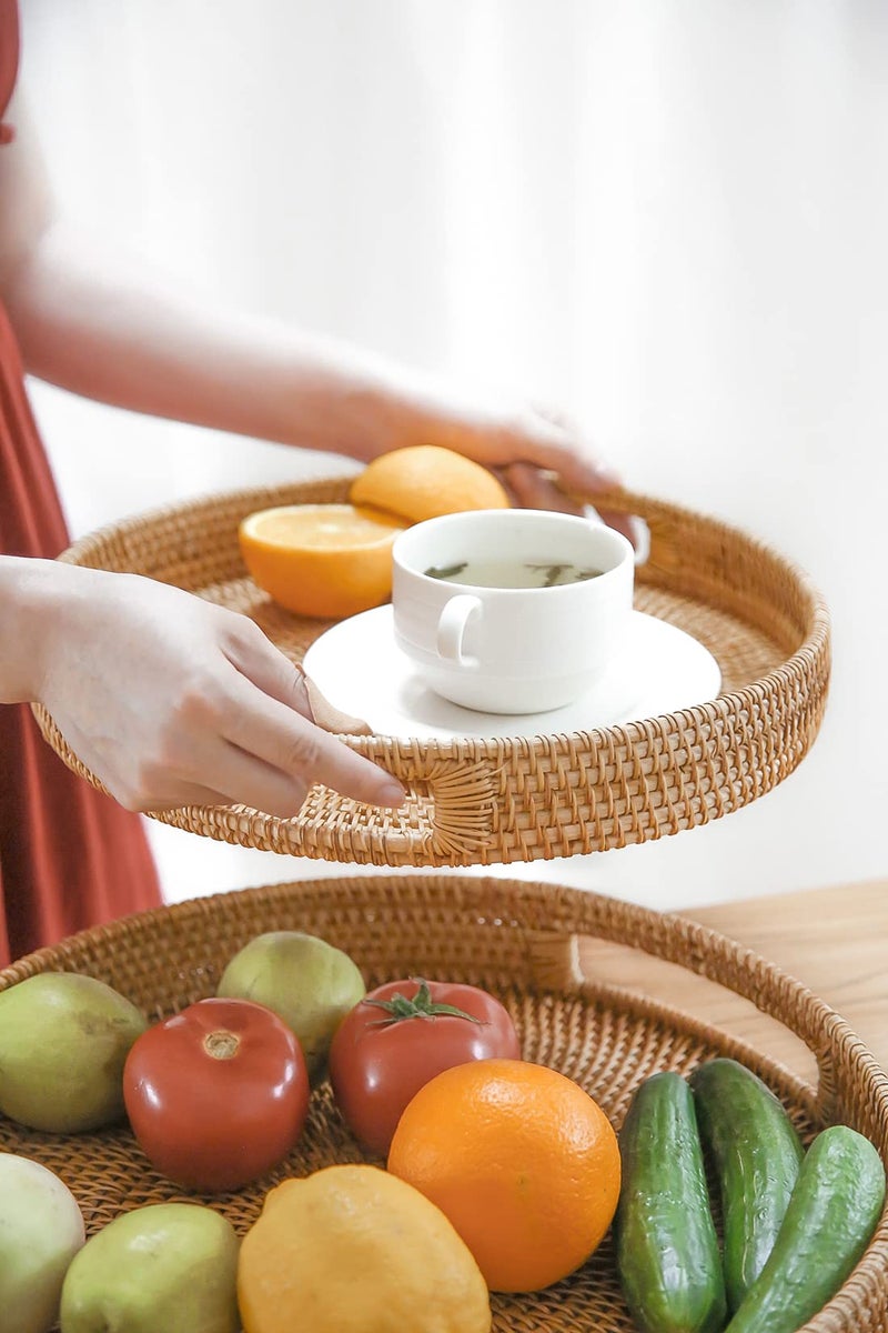 HITOMEN 11.8'' Hand-Woven Round Rattan Serving Tray Decorative Wicker Trays with Handles for Coffee Table (Natural-M) - Image 3