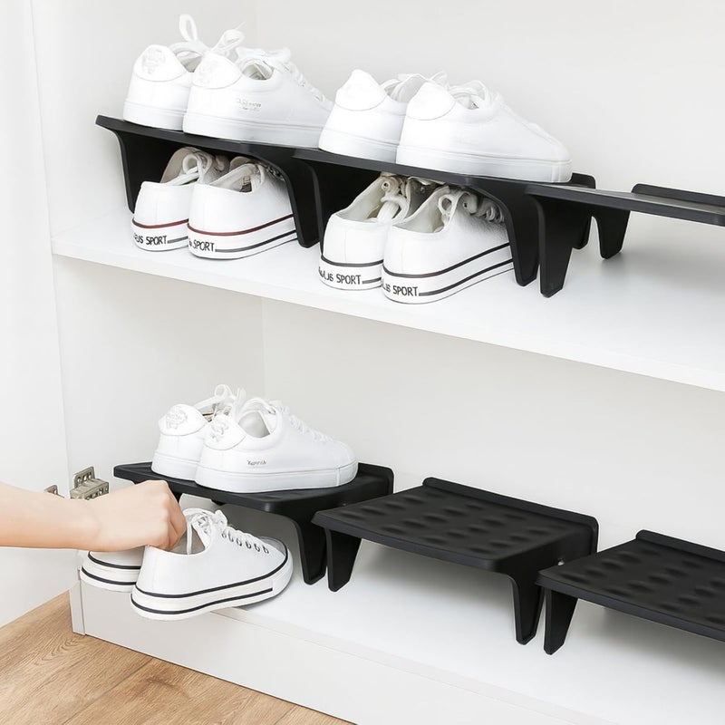 NYALKARAN Plastic Shoe Organizer Stand Space Saver Shoe Storage Rack Double Layer Free Standing Shoe Slipper Stacker (Black, Set of 4) - Image 5