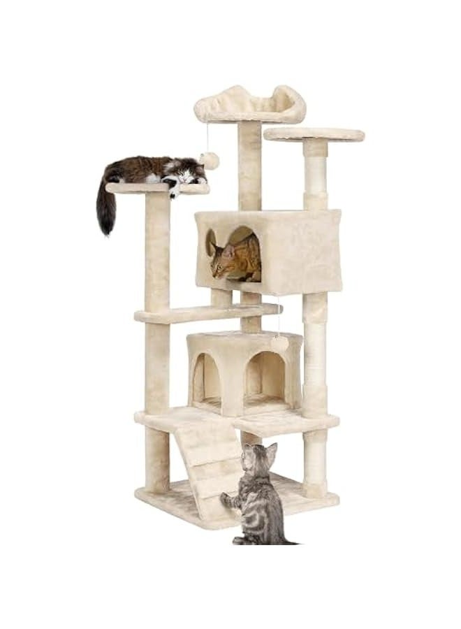 TRASSLE Cat Tree, 138.5cm Scratching Post Stable Tower for Indoor Cats - Activity Centre With 2 Houses, 3 Sisal Posts, Ladder, and Rest Place - Image 1
