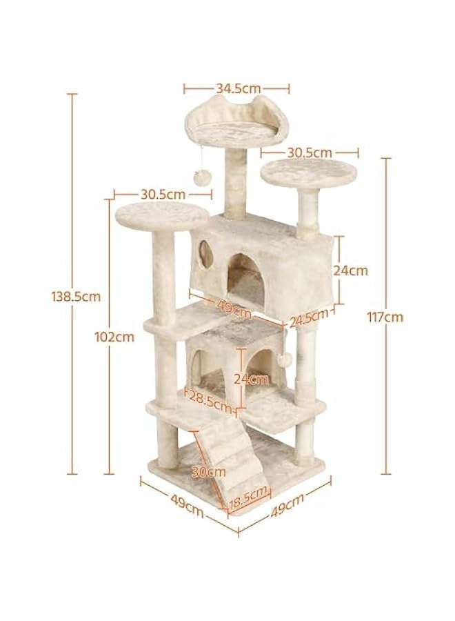 TRASSLE Cat Tree, 138.5cm Scratching Post Stable Tower for Indoor Cats - Activity Centre With 2 Houses, 3 Sisal Posts, Ladder, and Rest Place - Image 2