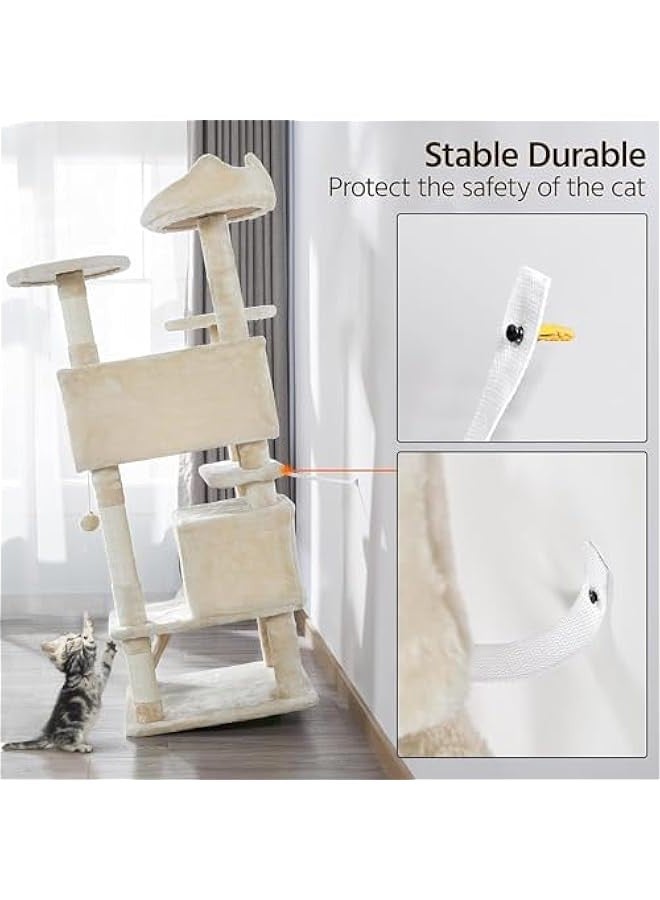 TRASSLE Cat Tree, 138.5cm Scratching Post Stable Tower for Indoor Cats - Activity Centre With 2 Houses, 3 Sisal Posts, Ladder, and Rest Place - Image 5