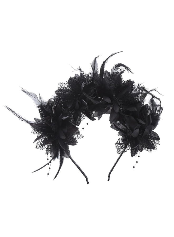 VANTOBEST Halloween Black Flower Headband with Gothic Floral Hair Wreath Beaded Details for Day of the Mexican Dead Parties Headpiece - Image 2