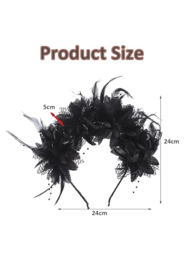 VANTOBEST Halloween Black Flower Headband with Gothic Floral Hair Wreath Beaded Details for Day of the Mexican Dead Parties Headpiece - Image 3