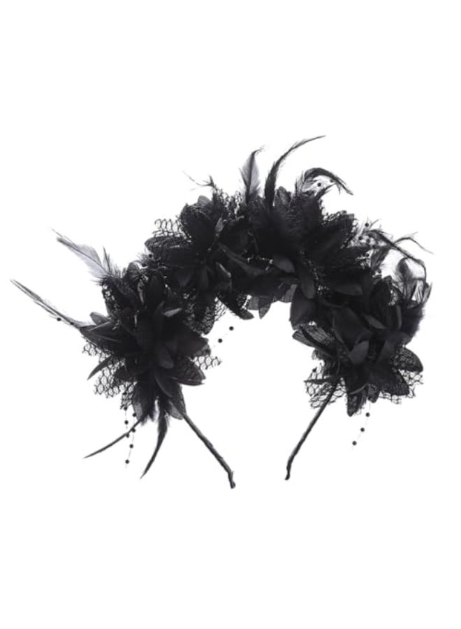VANTOBEST Halloween Black Flower Headband with Gothic Floral Hair Wreath Beaded Details for Day of the Mexican Dead Parties Headpiece - Image 1