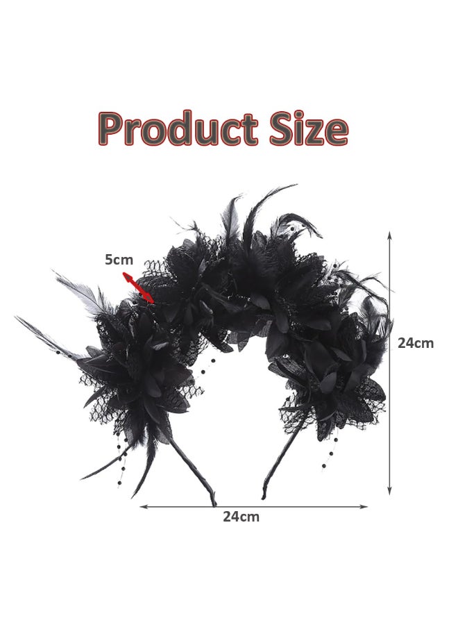 VANTOBEST Halloween Black Flower Headband with Gothic Floral Hair Wreath Beaded Details for Day of the Mexican Dead Parties Headpiece - Image 4