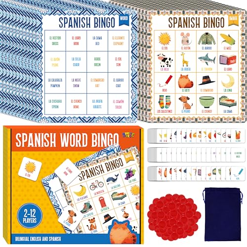 SpriteGru Spanish Bingo Game 12 Vocabulary Bingo Board Game Bilingual Word Learning Educational Toys for Words Learning Ages 5 and up Up to 12 Players - Image 1