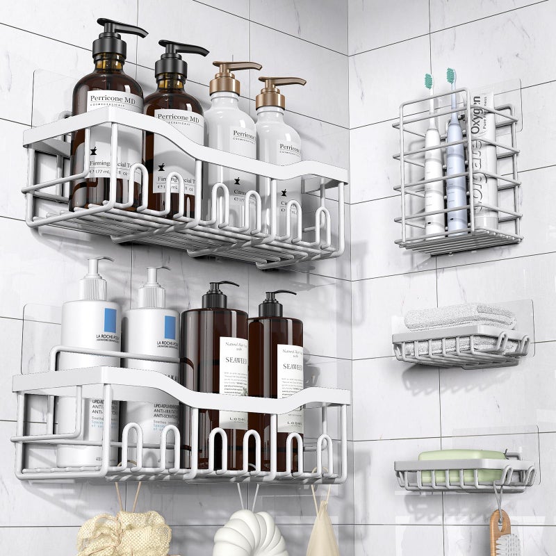 EUDELE 5-Pack Rustproof Stainless Steel Shower Caddy â€“ No Drill Adhesive Bathroom Organizer with Large Capacity, Spacious Shower Shelves for Inside Shower, Kitchen & Home Decor Storage-XL Size - Image 1