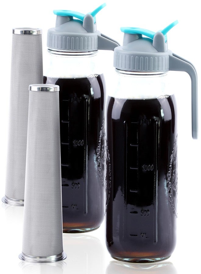 GMSWEET Cold Brew Coffee Maker 64 Oz Wide Mouth Mason Jar Iced Coffee Maker 2 Set Half Gallon Glass Pitcher With Strainer 2 Quart Cold Brew Pitcher With Spout Lids For Fridge, Lemonade, Cold Brew, Milk - Image 1