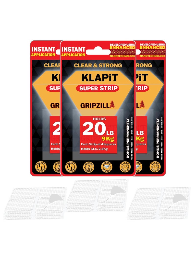 KLAPiT KLAPiT Super Strip Gripzilla 1 Inch Pre-Cut Heavy Duty, Double Sided Squares Holds 9KG Clear Waterproof Nano Tape, Strong Adhesion Instant Use - Wall Wood Tile Glass Metal Stone, Indoor Outdoor 48pc  - Image 1
