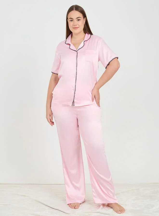 ستايلي Contrast Stitch Detail Satin Shirt & Pyjama Set